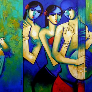 Symphony This artwork illustrate that emotion and music plays a greater role in life This painting “Symphony” is an outstanding work by artist Arvind Kolapkar. This artwork is bright and happy, often celebrating relationship among people. It is greatly inspired by classical and folk music. The artist’s acrylics on canvas depict slender, elongated women, couples and groups of friends. Colors and melody are seamlessly fused in this paintings which convey a kaleidoscope of emotions too. The female form, the central element of this art, is enchanting and even evoking a mysterious enigma.