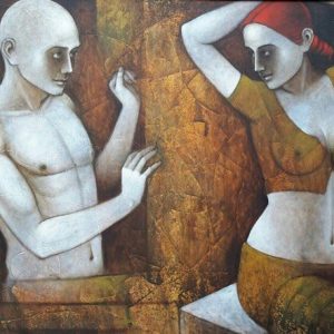 Couple by artist Asit Kumar Patnaik This artwork depicts the relationship of a couple This painting “couple” is one of the outstanding artwork of artist Asit Kumar Patnaik. The artwork revolves around partly clad male and women figure engrossed in their emotions and captured in a series of complex, multiple and open ended postures. Human psyche and interpersonal relationships of people in society, is the underlying theme that engages the artists interest.