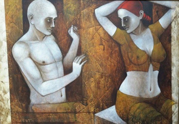 Couple by artist Asit Kumar Patnaik This artwork depicts the relationship of a couple This painting “couple” is one of the outstanding artwork of artist Asit Kumar Patnaik. The artwork revolves around partly clad male and women figure engrossed in their emotions and captured in a series of complex, multiple and open ended postures. Human psyche and interpersonal relationships of people in society, is the underlying theme that engages the artists interest.