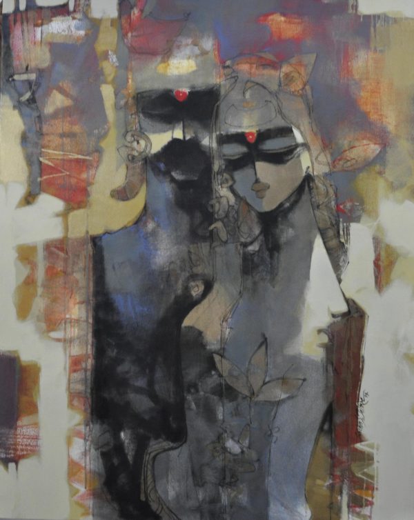 Couple by artist Sachin Jaltare This artwork contain a female and a male form taking shape from the surrounding elemental abstraction.