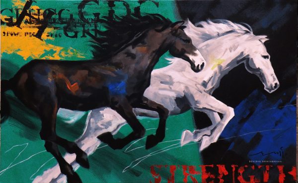 Brown and White horses This artwork depicts strength, elegance and power This horse series artwork is an outstanding work by artist Devidas Dharmadhikari. He is an artist whose work transcends the boundaries of time and space. There is no need to say something about the subject horse. Everyone knows about power, beauty, strength and many other accepts in it. The subject itself is enthusiastic. Along with these things, it is very challenging to create in paintings. Devidas have tried to keep the realistic anatomy/ proportion of horses without trying to stylize it. Sometimes he had to simplify the form. His paintings are trying to capture the movement of the horse through bold strokes and vibrant colors showing for its strength, power, beauty and force. He uses the idealistic, representative and modernist language of Indian contemporary art. He use bold strokes as well as transparent layers to create emotions. Devidas  have displayed vivid forms of expressional creative search in quest for the real inner self in my work through artistic amalgamation of relevant innovative ideas with apt colour tones and their harmony, lyrical resonance and special textural effects and highlighting the desired rhythm and ensuring visual effects in the relevant perspectives of visual fine arts.