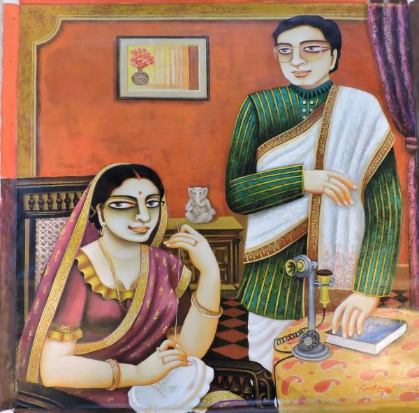 Charu & Bhupati This artwork indicates the life of this lovely Bengali couple. This artwork “Charu & Bhupati” is an outstanding work by artist Gautam Mukherjee. He is very sensitive towards his subject, which are mainly revolve around his family. The focus of his painting has always been the family, with emphasis on the close bonding between them, shown by the physical contact with each other, be it husband-wife, mother-child, grandparent-grandchild or between siblings. This painting express the sentiment of love, affection, felt the world over by one and all. The attention to composition, background, detailing of the people in traditional Bengali attire and jewelry in an environment that is reminiscent of the old Kolkata.