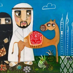 Couple with camel This artwork represents the Arabic culture and rich heritage This artwork “Couple with camel” is an outstanding work by artist Eleni Koritou. The artist had a powerful passion and desire to draw and to paint. This painting signifies the Arabic culture where women are wearing Abaya as their dress and Niqab or hijab are used to cover their face. Men are wearing Kandura as premium arab outfit.  The Arab countries are historically known for its attachment to camels which are of social and economic value. By using, adapting, and merging a variety of styles the artist paints portraits that stare out at you with questioning eyes. The perspectives are painted uncoordinated which gives the work an intense atmosphere. The artist mixes together bright colors to create a childish image. Each image draws the viewer in and demands a second look.