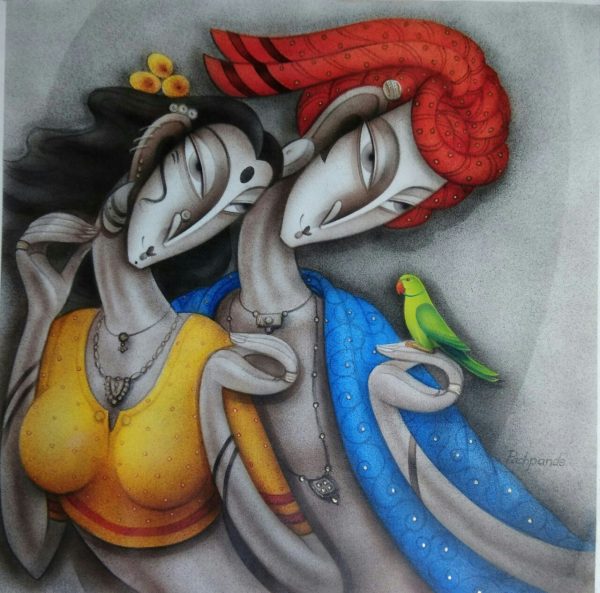 Couple by artist Ramesh Pachpande This artwork portrays serene innocence, charm and purity of the rural folk